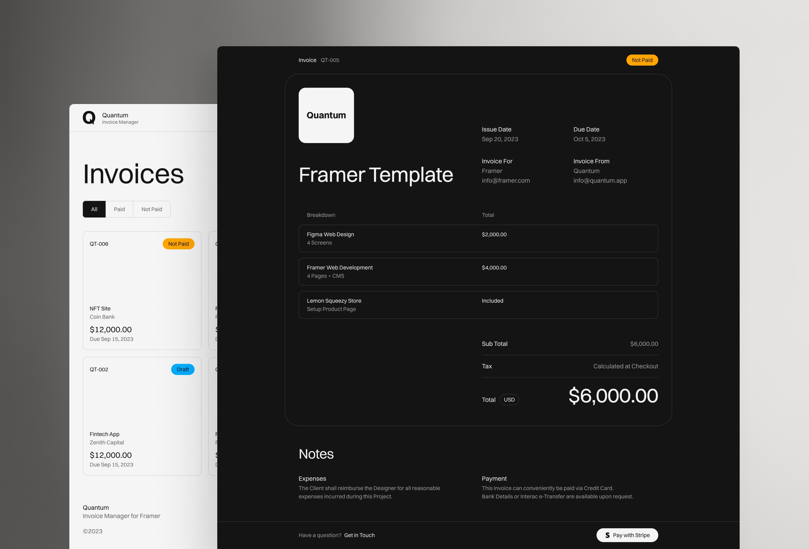 Quantum Invoices Framer template preview 2