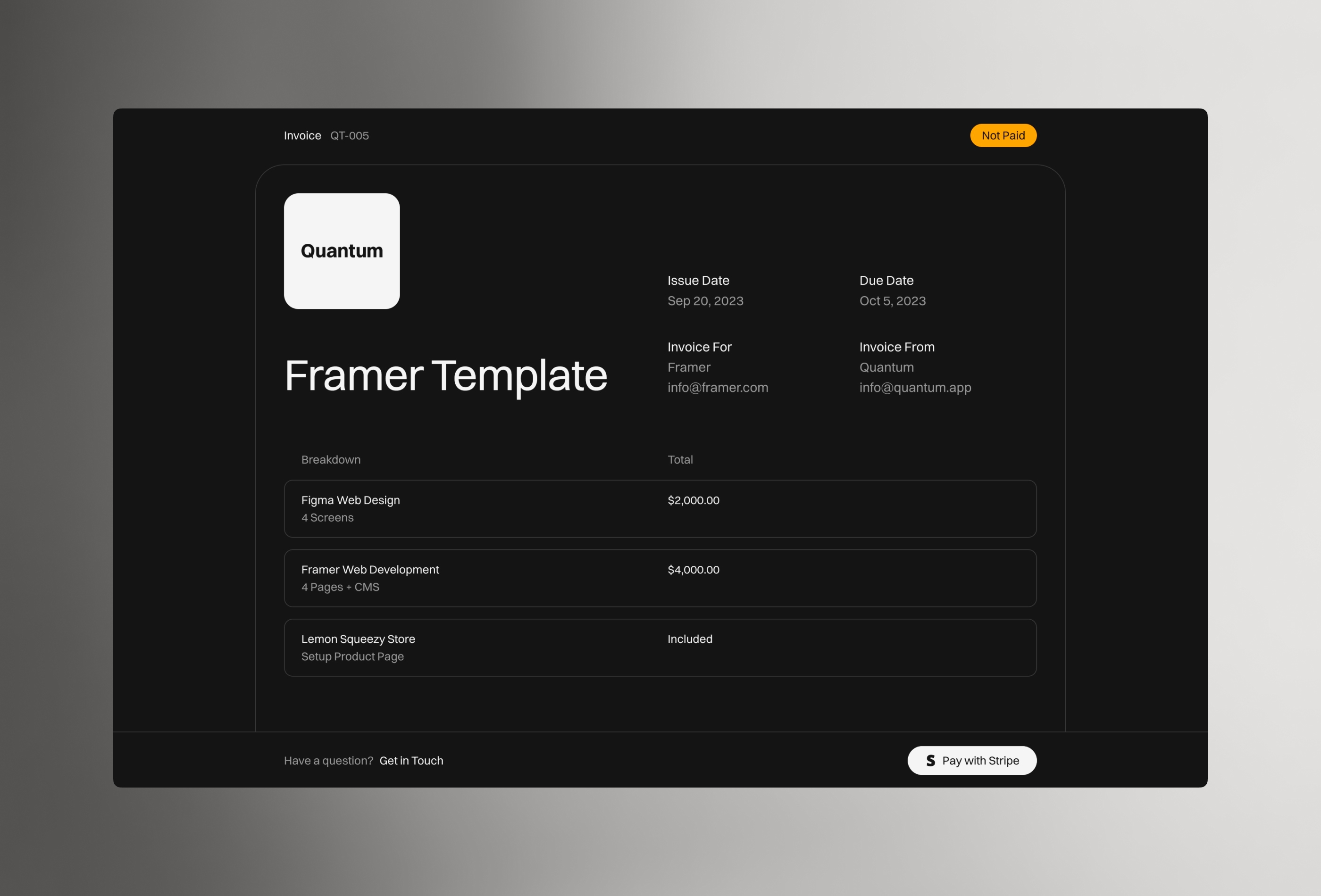 Quantum Invoices Framer template preview 4