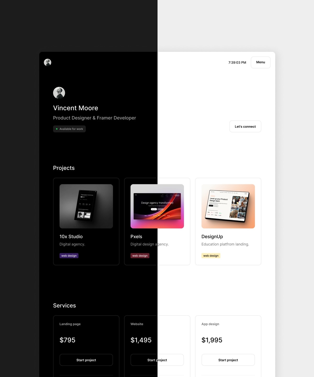 SimpleFolio Framer template preview 1