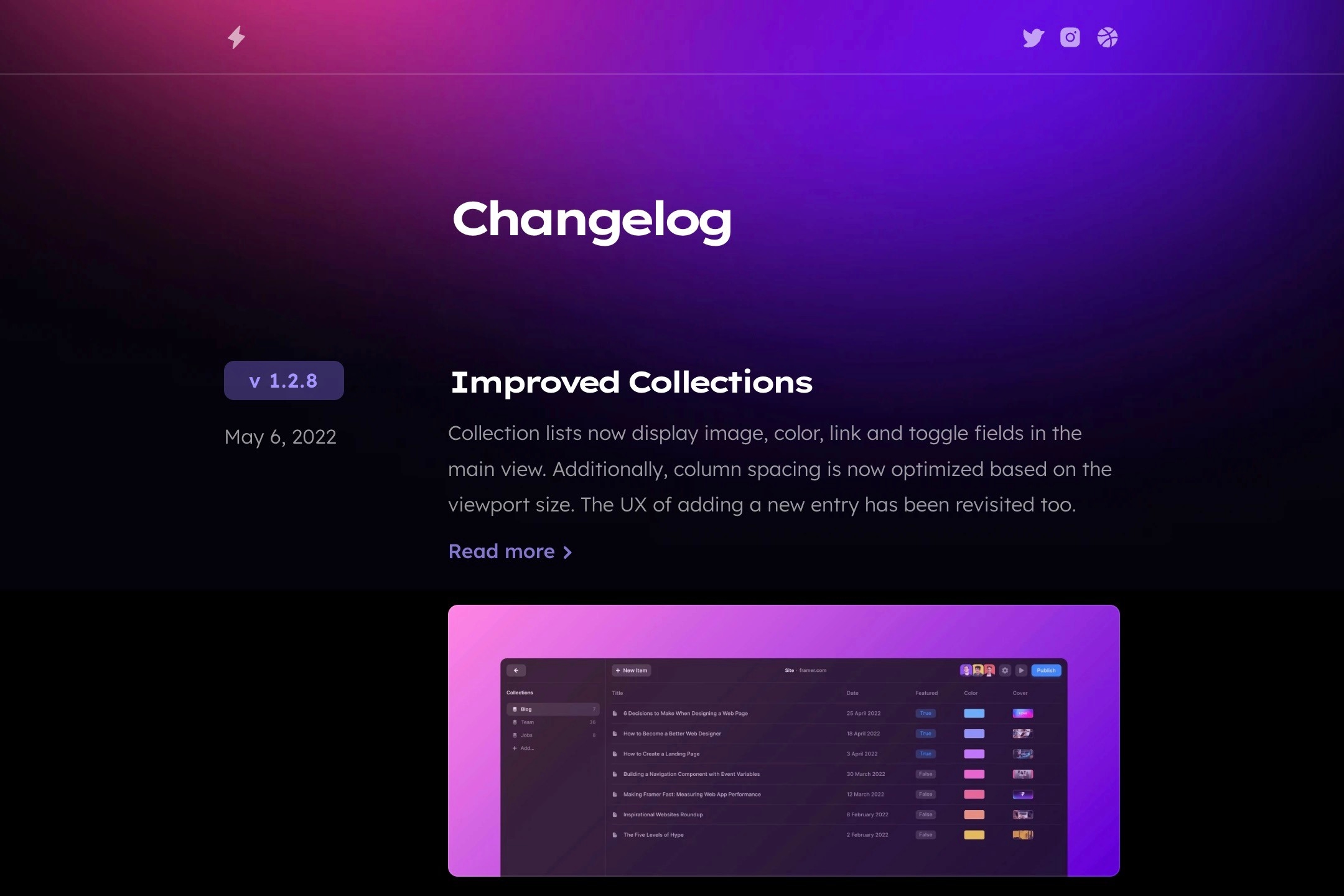 Changelog Framer template preview 2